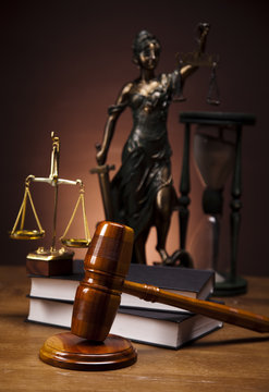 Law theme, mallet of judge, wooden gavel 