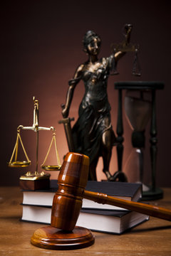 Law theme, mallet of judge, wooden gavel 