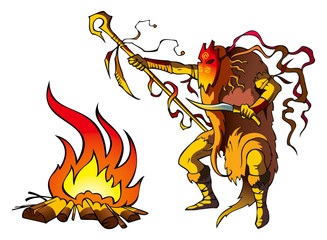 Naklejka premium Tribal priest (shaman) conjuring above fire, vector