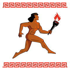 Greek athlete running with Olympic flame, vector