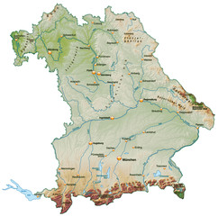 Landkarte von Bayern mit Schummerung