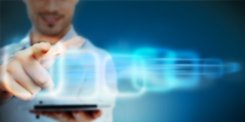 Man working with virtual interface on blue digital background