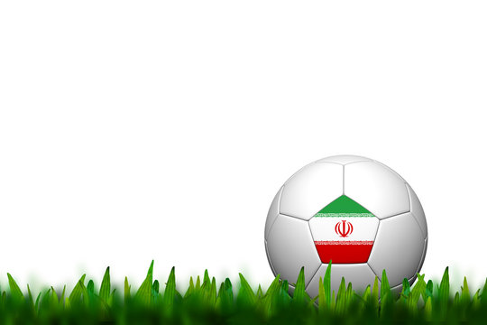 3D Soccer balll Iran Flag Patter on green grass over white backg