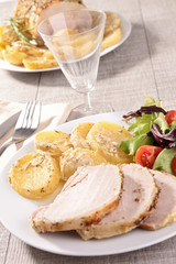 slice of roast pork and vegetables