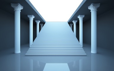 An abstract interior columned hall with stairs to the roof.