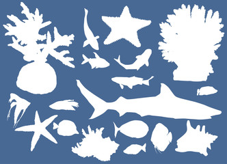 sea animals silhouettes collection on blue