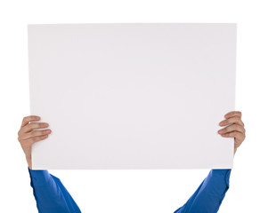 man in shirt holding blank sign