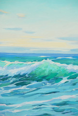 Fototapeta na wymiar morning on mediterranean sea, wave, illustration, painting by oi
