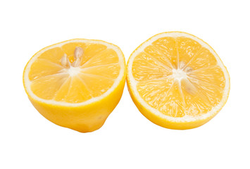 Half of a lemon with one slice isolated on white background