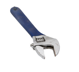 old blue wrench on white background