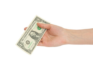 A man's hand holding a one dollar bill.