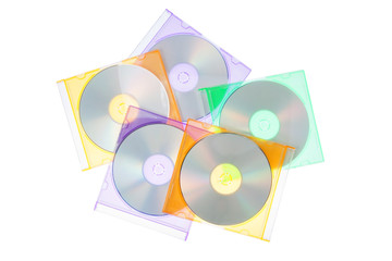 The group disks CD-DVD in the boxes. On a white background.