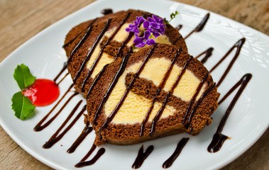 chocolate roll with vanilla ice-cream inside