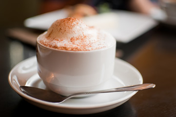A cappuccino cup with milk foam and cinnamon
