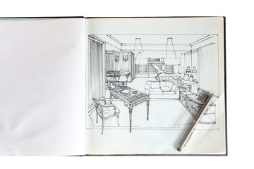 Graphical sketch by pen of an interior living room