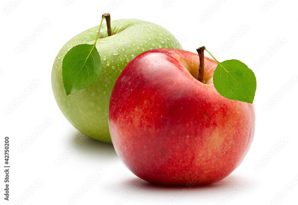 Wall mural green and red apple on white background