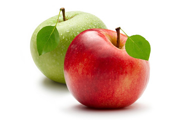 Green and red apple on white background