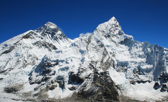 Mt Everest and Nuptse to the right in the Himalaya, Nepal.
