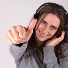 thumbs up, woman and headphones