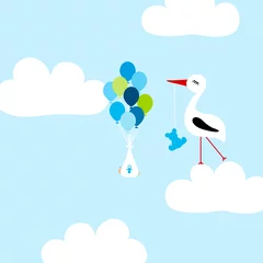 Abwaschbare Fototapete Himmel Großer Storch mit Teddy-Wolken-Baby-Ballons Blau