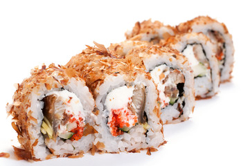 Uramaki. Golden Dragon. On a white background. Smoked eel, Phila