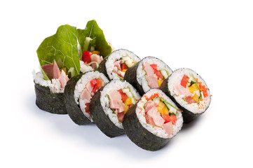 Futomaki. Tori Maki. On a white background. Smoked chicken, toma