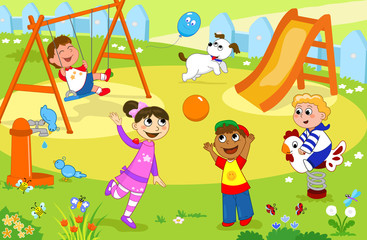 Gruppo di bambini giocano al parco giochi