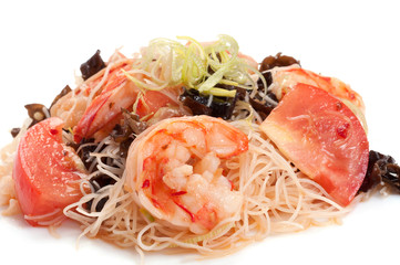 Salad. Seafood Sarada. On a white background. Tiger prawns, toma