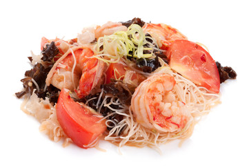 Salad. Seafood Sarada. On a white background. Tiger prawns, toma
