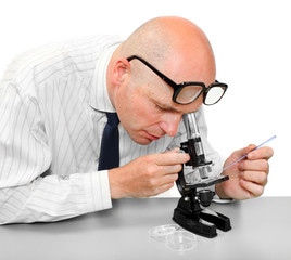 The scientist with microscope.