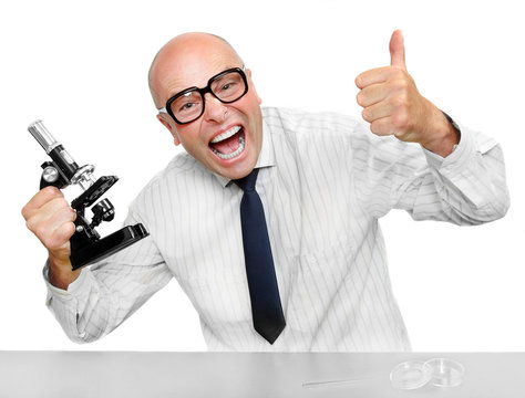 Funny scientist with microscope celebrating.