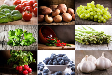 collage with  vegetables, herbs and berries