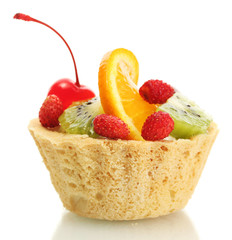 sweet cake with fruits isolated on white