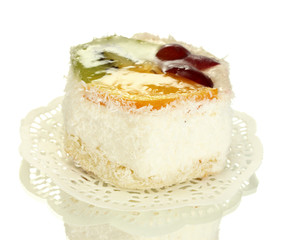 sweet cake with fruits isolated on white