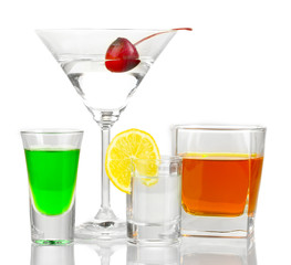 a variety of alcoholic drinks isolated on white
