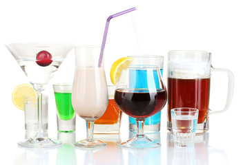 a variety of alcoholic drinks isolated on white