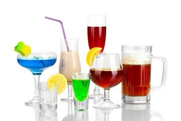 a variety of alcoholic drinks isolated on white