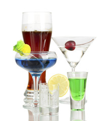 a variety of alcoholic drinks isolated on white