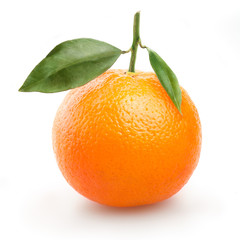 ripe orange with leaves on white background