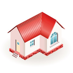 Small house with red roof. Three dimensional drawing