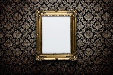 Ornate gold frame at grunge wallpaper with clipping path