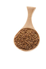 Coriander seeds on a wooden spoon