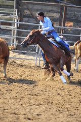 Young woman is riding a horse