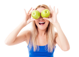 woman  holding two apples