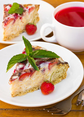 Dessert pie with cottage cheese, strawberries and chocolate