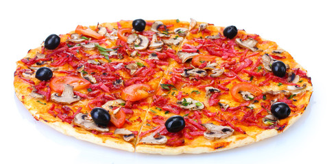 delicious pizza with vegetables and  salami isolated on white.