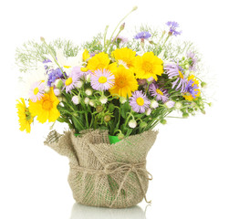 beautiful bouquet of bright  wildflowers in flowerpot, isolated