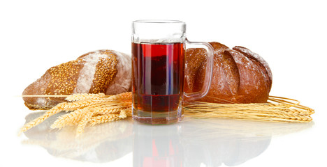 glass of kvass with bread isolated on white background