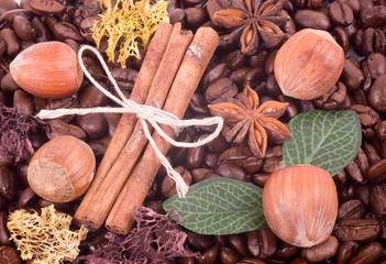 Coffee beans, Filbert and cinnamon background