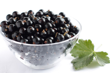 Blackcurrants in a transparent bowl.